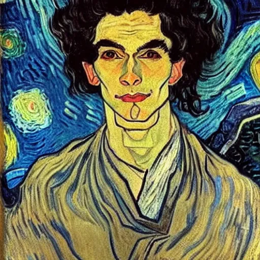 Prompt: painting of handsome beautiful dark medium wavy hair man in his 2 0 s, dressed as an oracle, looking upward to the heavens above!!, smile, foreseeing the future, elegant!!, clear, painting, highly stylized, art by vincent van gogh, egon schiele