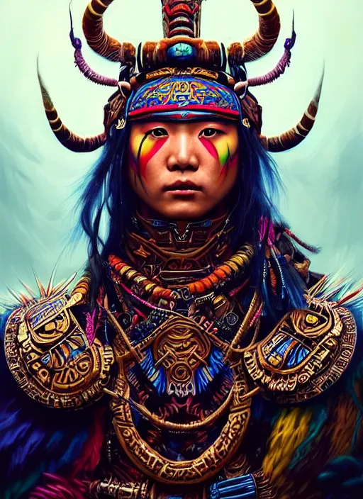 Prompt: portrait of yang yang, hyper detailed ultra sharp aztec shaman warrior. trending on artstation, warpaint aesthetic, bloodwave, colorful, psychedelic, ornate, intricate, digital painting, concept art, smooth, sharp focus, illustration, art by artgerm and greg rutkowski and h. r. giger, 8 k