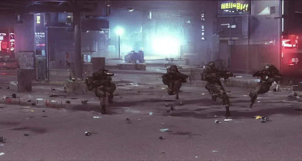 Prompt: 1989 Video Game Screenshot of Neo-tokyo Cyborg bank robbers vs police FPS, Set in Tokyo Bank Parking Lot, Dark, Multiplayer set-piece Ambush, Tactical Squads :10, Police officers under heavy fire, Suppressive fire, Pinned down, Destructible Environments, Gunshots, Headshot, Bullet Holes and Anime Blood Splatter, :10 Gas Grenades, Riot Shields, MP5, AK47, MP7, P90, Chaos, Anime Machine Gun Fire, Gunplay, Shootout, :14 Akira art style :17, Created by miHoYo: 20