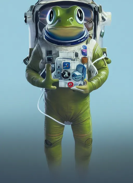 Image similar to a frog 🐸 as a astronaut standing top of the earth 🌎, au naturel, hyper detailed, digital art, trending in artstation, cinematic lighting, studio quality, smooth render, unreal engine 5 rendered, octane rendered, art style by kurzgesagt and nixeu and kim jung gi and greg rutkowski