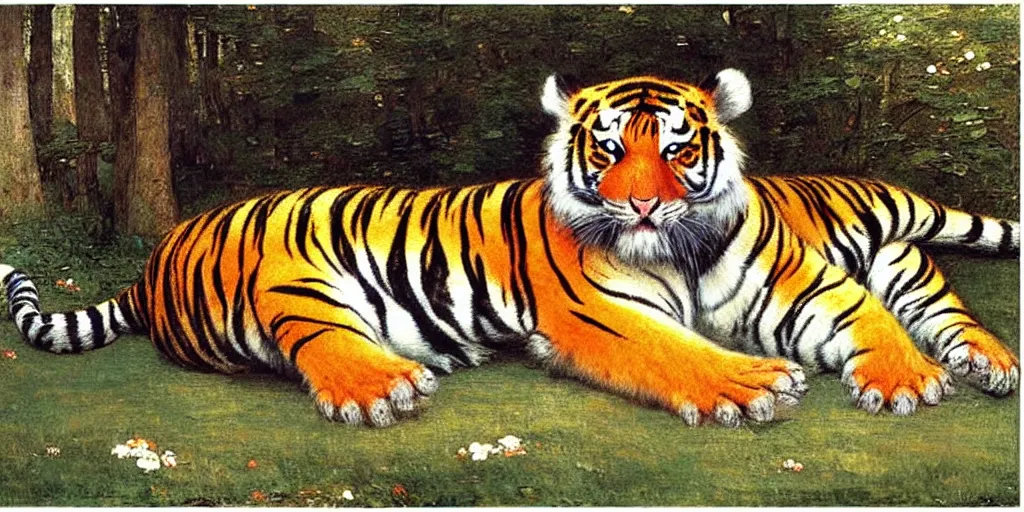 Prompt: 3 d precious moments plush tiger, realistic fur, landscape, < muted blue, peach, gray, brown, purple color scheme >, master painter and art style of john william waterhouse and caspar david friedrich and philipp otto runge