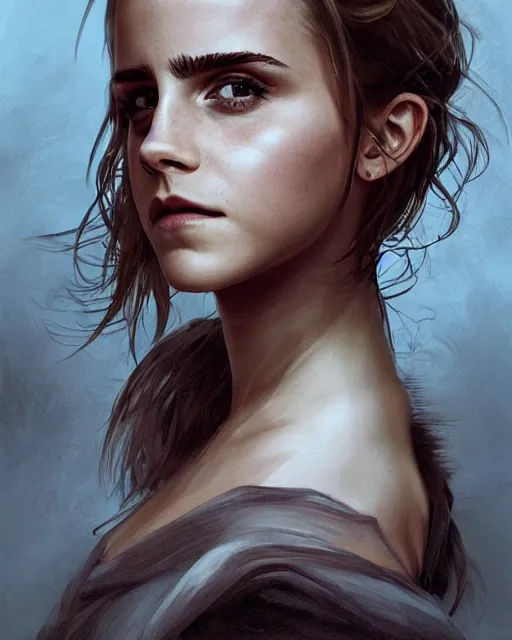 Image similar to clear portrait of emma watson, somber appearance, ripped clothing, looking her shoulder, wearing the ring of sauron, background hyper detailed, character concept, full body, dynamic pose, intricate, elegant, highly detailed, digital painting, artstation, concept art, smooth, sharp focus, illustration, art by artgerm and greg rutkowski and alphonse mucha