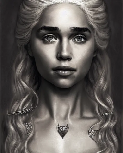 Prompt: pencil drawing of beautiful daenerys targaryen as greek goddess aphrodite with arrowhead jewelry, beautiful piercing eyes, beautiful blonde hair, hyper realistic face, in the style of greg rutkowski, fantasy, amazing detail, epic, elegant, smooth, sharp focus, from the front