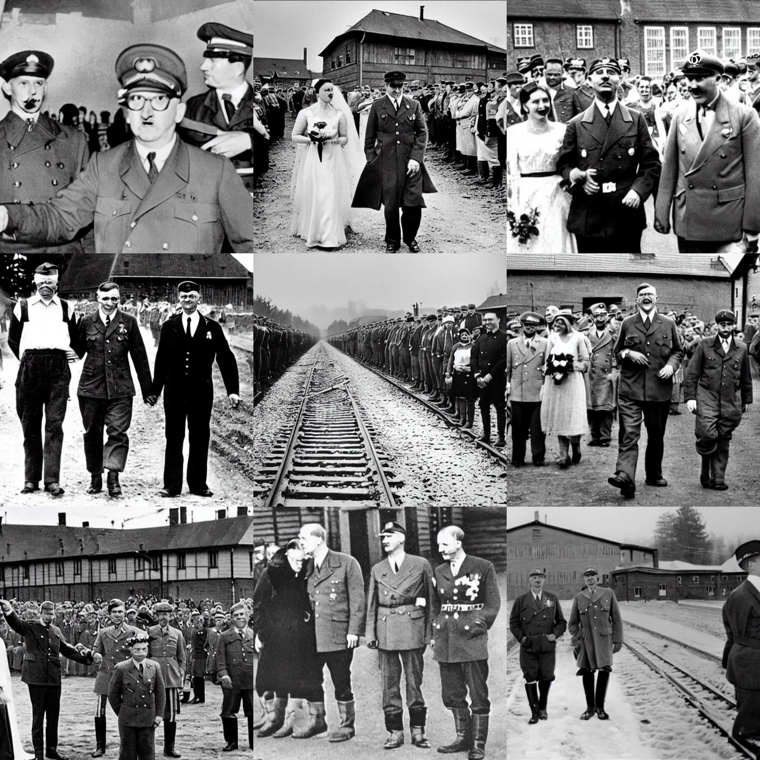 Prompt: adolf hitler marrying tim cook and bill gates in front of auschwitz concentration field arbreit macht frei