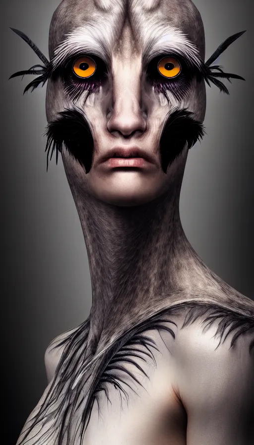 Prompt: epic professional digital portrait art of a human - aninal hybrid creature, portrait, human eyes, crow head, human skin, feathery skin, humanoid figure