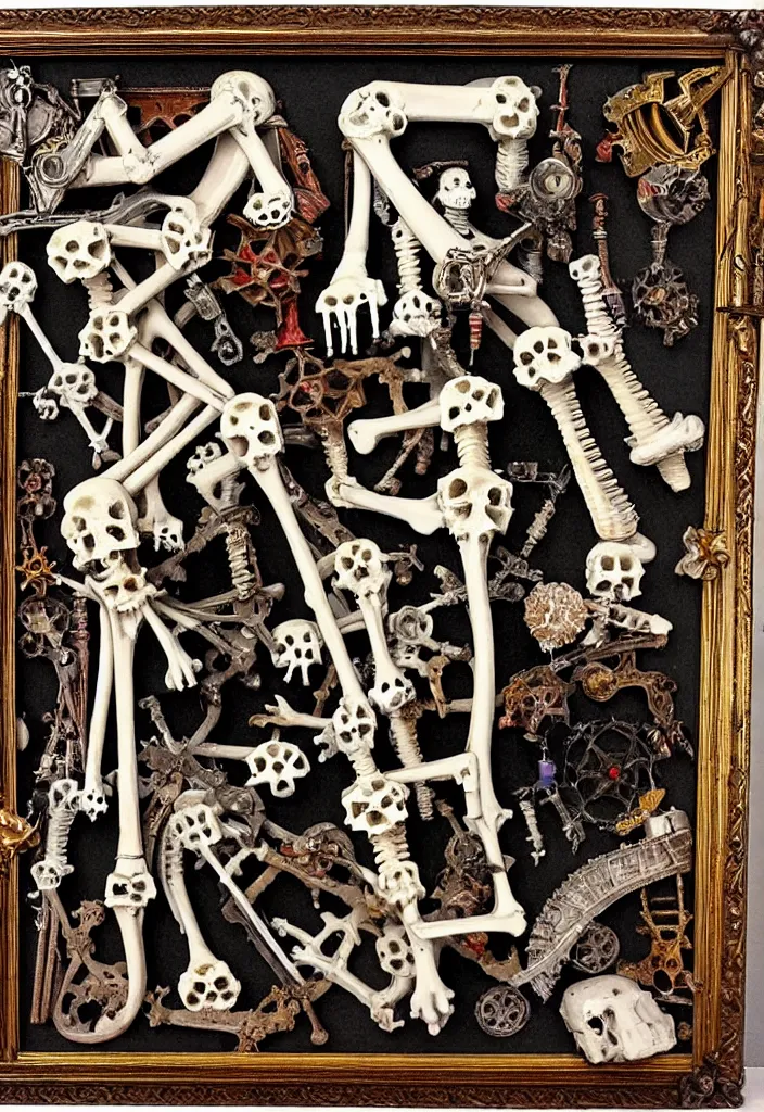 Image similar to prompt: Frame, bouget, old Victorian painting frame made out of bones, alchemical objects inspired by 1980's sci-ci, old experimentation cabinet, intricate oil painting detail, manga 1980