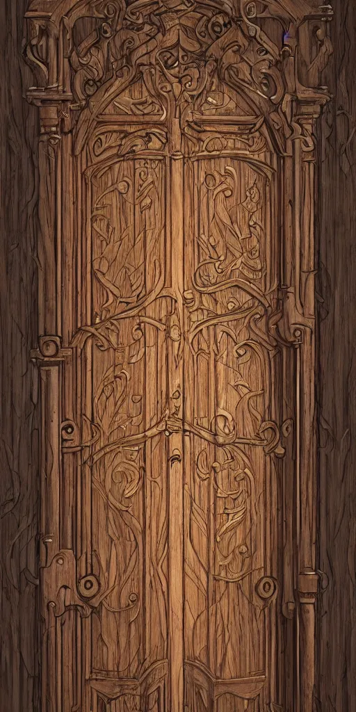 Prompt: photo of a stunning wooden door with engravings. architecture. trending on artstation. cgsociety. art by greg rutkowski and thomas kinkade