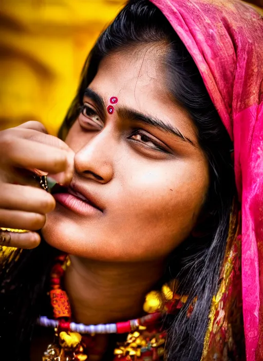 Prompt: color portrait Mid-shot of an beautiful 20-year-old Indian woman, street portrait in the style of Mario Testino award winning