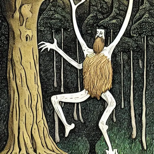 Prompt: a tall tree with arms, legs, and a beard holding two hobbits in his hand while in a forest surrounded by tall trees, illustrated by J.R.R Tolkien