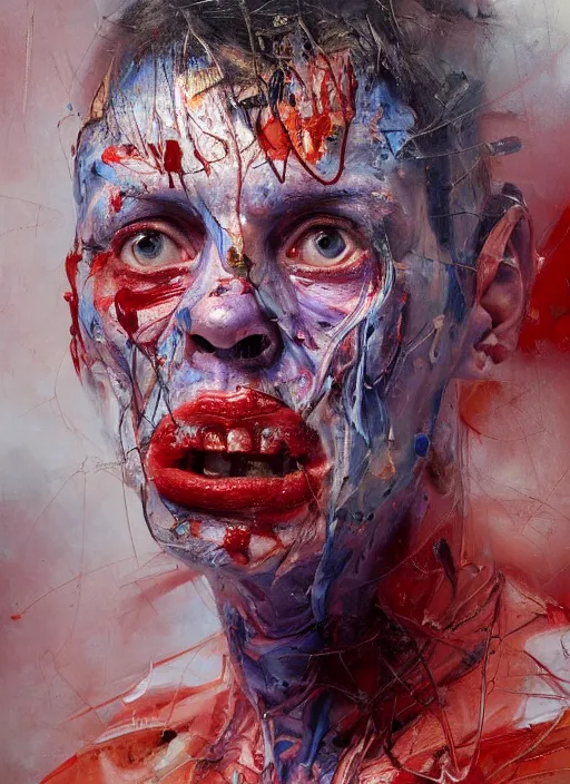 Image similar to highly detailed and textured painting of a deformed anatomical portrait with dead eyes, emotionally expressive, highly detailed oil painting, soft light 4 k, red, blue and purple colour palette, cinematic composition, cinematic lighting, sharp focus, masterpiece by adrian ghenie and jenny saville