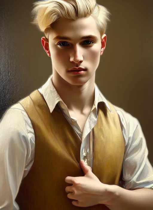 Image similar to young man with ash blond hair, oil painting, intricate, elegant, highly detailed, lighting, painting, artstation, smooth, illustration, art by greg rutowski and alphonse mucha