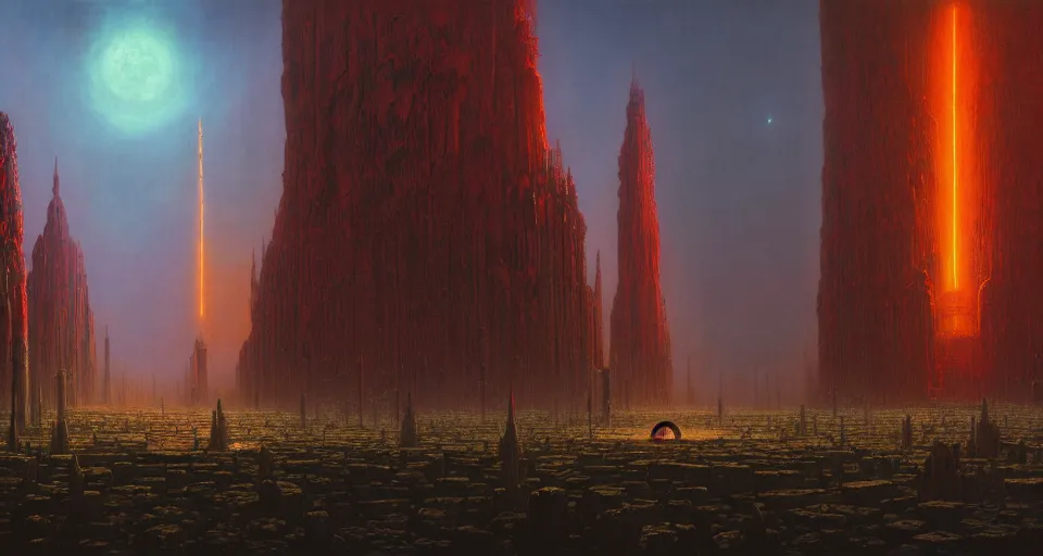 Prompt: a cinematic view ofnokron, eternal city, elden ring, harold newton, zdzislaw beksinski, donato giancola, warm coloured, gigantic pillars and flowers, maschinen krieger, beeple, star trek, star wars, ilm, atmospheric perspective