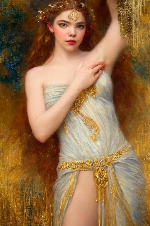 Image similar to portrait of anya taylor - joy as the goddess aphrodite. art by gaston bussiere.