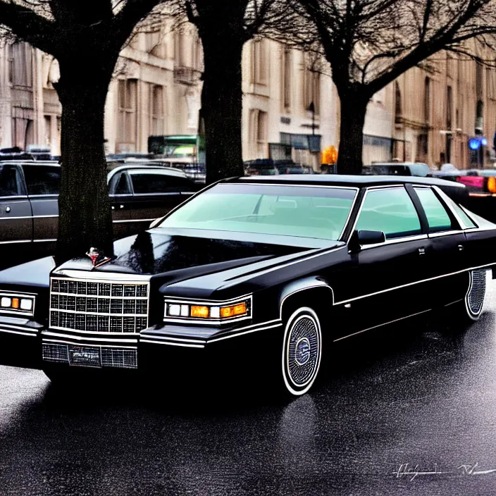 Image similar to hyper realistic, high detail photo of black 1 9 9 2 cadillac de ville, city streets wet, beautiful, dreary lighting