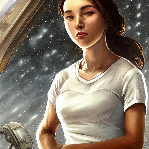 Prompt: epic portrait an woman engineer fixing an starship during winter, white t shirt with a vest, pretty face, glossy skin, beauty digital painting, artstation, concept art, soft light, hdri, smooth, sharp focus, illustration, fantasy, intricate, elegant, highly detailed, D&D, matte painting, in the style of Greg Rutkowski and Alphonse Mucha and artemisia, 8k, highly detailed, jurgens, rutkowski, bouguereau, pastoral, rustic, georgic