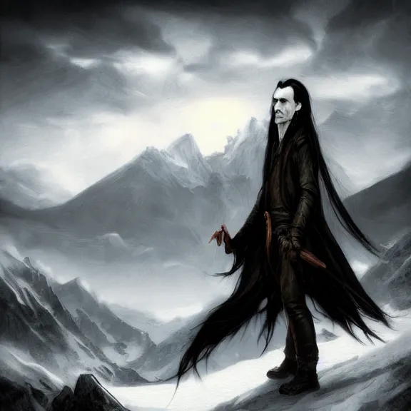 Prompt: long black hair handsome vampire lord, snowy mountains, illustration, concept art, chiaroscuro, field of depth, fantasy, grim, dark