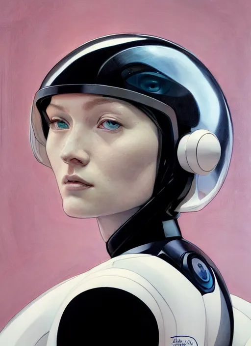 Prompt: artwork by james jean and Phil noto; a close up on the face of a beautiful woman in a future space suit; wearing futuristic astronaut helmet; highly detailed; pretty eyes; circular black pupils; artwork by james jean and Phil noto