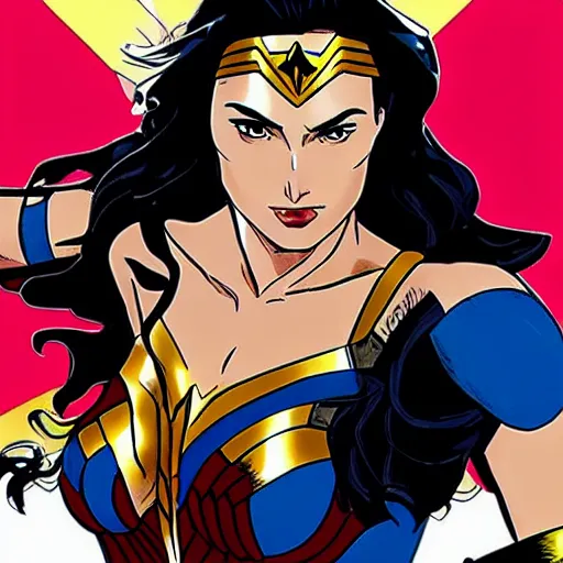Image similar to Gal Gadot as Wonder Woman, Anime style, dramatic action shot