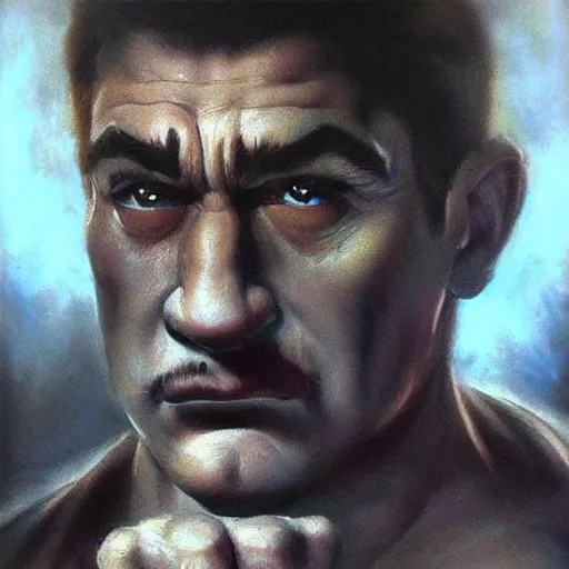 Prompt: an ultra - realistic portrait painting of mario in the style of frank frazetta. 4 k. ultra - realistic. highly detailed. dark fantasy. epic lighting.