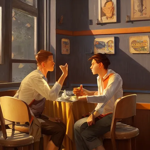 Prompt: sargent and leyendecker and greg hildebrandt, portrait of an empty diner, stephen bliss, unreal engine, fantasy art by greg rutkowski, loish, rhads, ferdinand knab, makoto shinkai, ilya kuvshinov, rossdraws, global illumination, radiant light, detailed and intricate environment