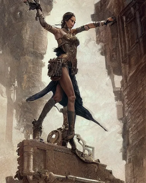 Image similar to highly detailed steampunk gal gadot standing, steel age : leonardo da vinci, greg rutkowski, magali villeneuve