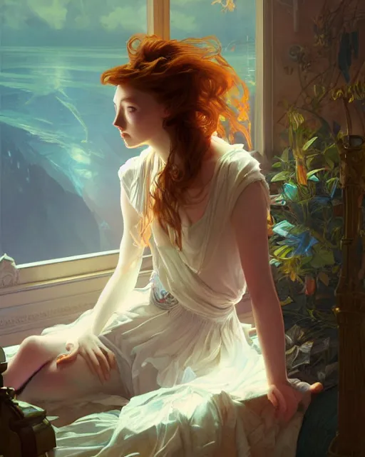 Prompt: eleanor tomlinson, vaporwave, bedroom, highly detailed, digital painting, artstation, concept art, smooth, sharp focus, illustration, art by artgerm and greg rutkowski and alphonse mucha