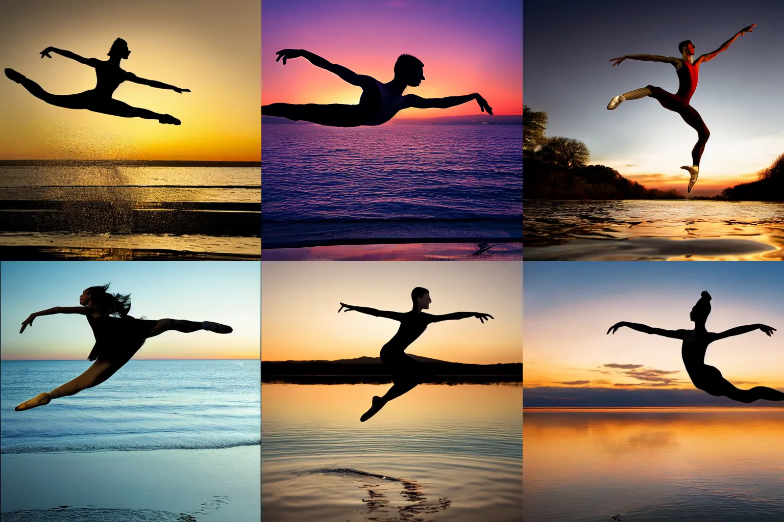 Prompt: a photo of a ballet dancer jumping over water at sunset by Joe McNally, photography in the style of Joe McNally