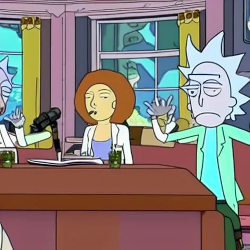Prompt: rick and morty in the white house, anime style
