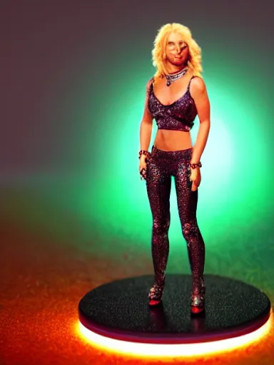 Prompt: a resin miniature of Britney Spears wearing a metallic green peasant crop top, black pants, and crimped hair in Warhammer, miniature product photo, full body, on textured disc base, 4K, HD, orange neon backlighting