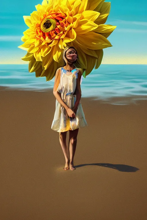 Image similar to closeup girl with huge yellow dahlia flower face, on the beach, surreal photography, blue sky, sunrise, dramatic light, impressionist painting, digital painting, artstation, simon stalenhag