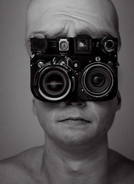 Image similar to studio portrait of a man who is made of eyeballs. dusk, sunset, film photo, rollei 3 5 camera, tri - x film