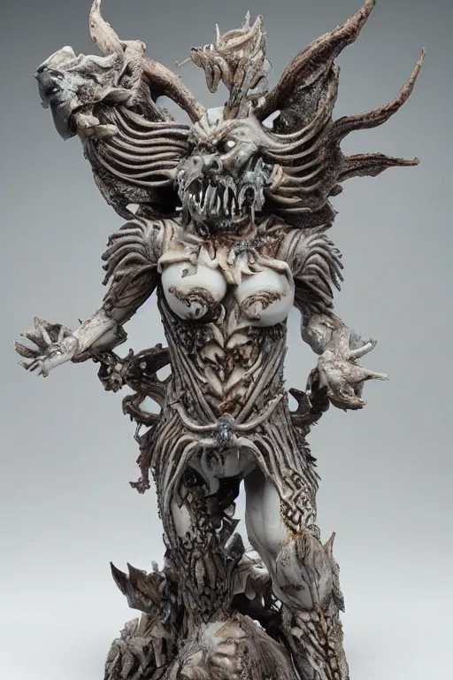 Image similar to porcelain and quartz oni statue made by Kris Kuksi and HR Giger