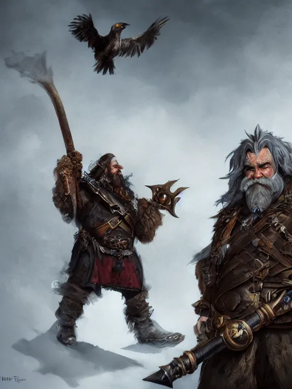 Prompt: High Fantasy Dwarf Huntsman with his Raven, RPG Portrait Reference, Oil Painting, Trending on Artstation, octane render, Insanely Detailed, 8k, HD