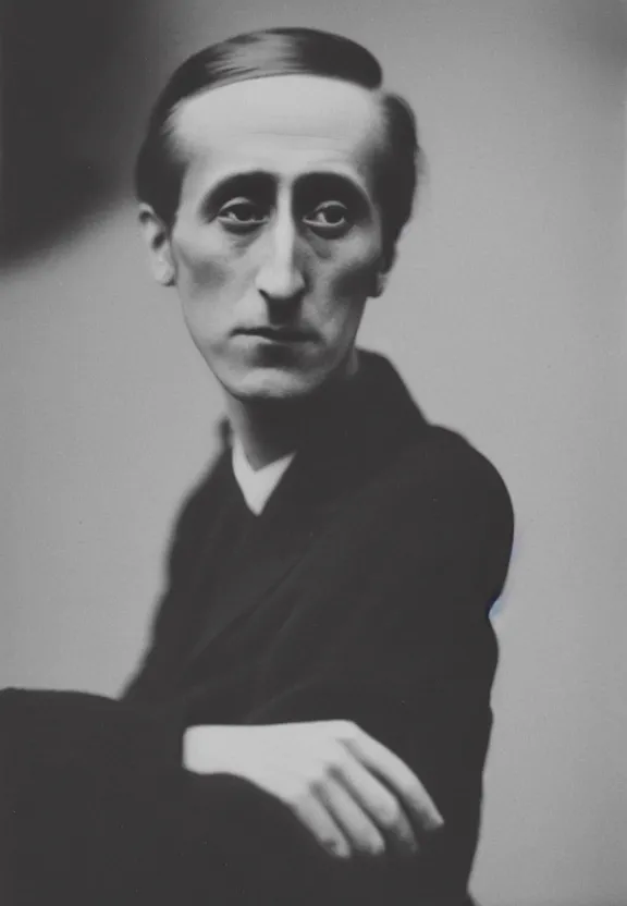 Image similar to a close - up casual photo of young marcel duchamp by irving penn, 1 9 2 0 s monochrome snapshot, graflex 4 x 5, f 1. 8, 3 5 mm, ilford delta 3 2 0 0 pro