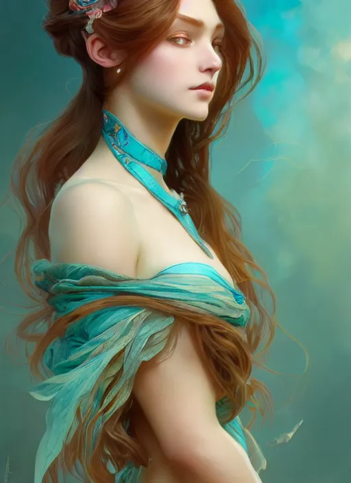 Image similar to beautiful girl with long turqoise hair, cute, intricate, highly detailed, digital painting, trending on artstation, concept art, smooth, sharp focus, illustration, unreal engine 5, 8 k, art by artgerm and greg rutkowski and alphonse mucha