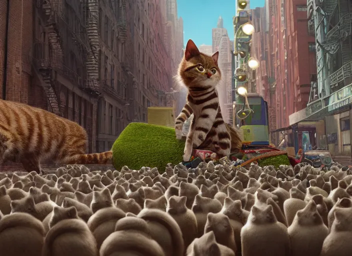 Image similar to A very high resolution image from a new movie, stop motion, about a cat from a musical nyc to a digital space opera, Animated film, volumetric lighting, octane render, directed by wes anderson, Vladimir kush, m.c Escher