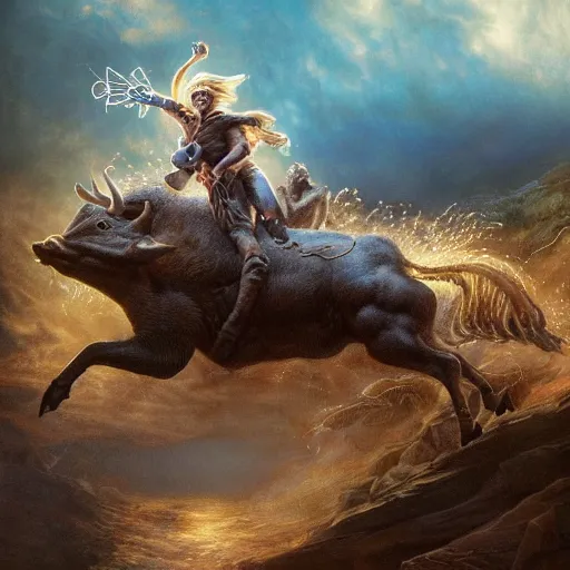 Image similar to hyperrealistic mixed media painting of Trump riding a Boar, stunning 3d render inspired art by P. Craig Russell and Barry Windsor-Smith, 8k octane beautifully detailed render, post-processing, extremely hyperdetailed, intricate, epic composition, grim yet sparkling atmosphere, cinematic lighting + masterpiece, trending on artstation, very detailed, masterpiece, stunning