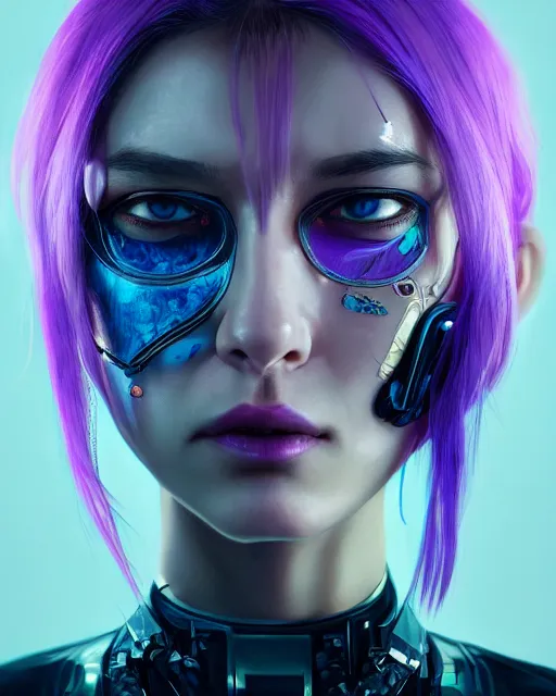 Image similar to portrait of a aesthetic beatiful woman with violet hair as a cyberpunk cyborg with tear drop on face, sci - fi, missing panels, intricate abstract upper body intricate artwork, by tooth wu, wlop, beeple, dan mumford. concept art, octane render, deviantart, greg rutkowski, cinematic, key art, hyperrealism, iridescent accents