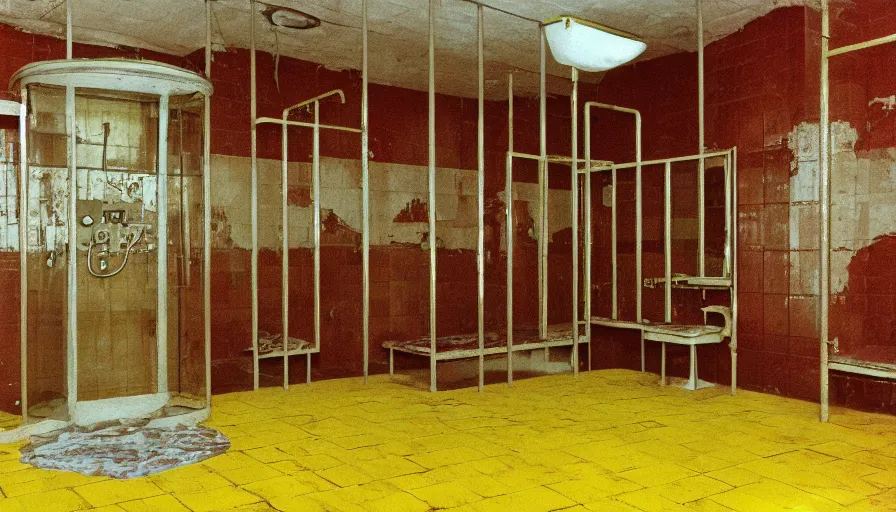 Image similar to 60s movie still of a sovietic stalinist style empty prison shower with yellow tiles and a bloody corpse, cinestill 800t 50mm eastmancolor, liminal Space style, heavy grain-s 150