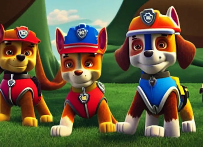 Prompt: a still from the gritty live-action adaptation of Paw Patrol
