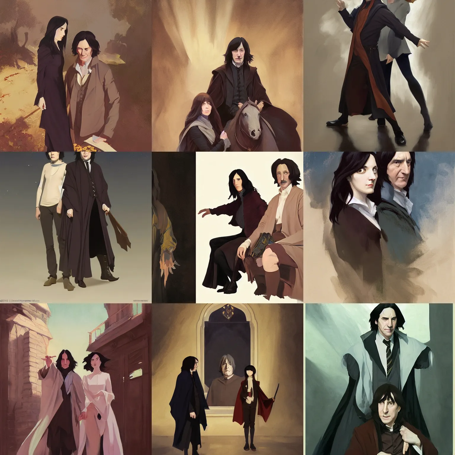 Prompt: portrait of severus snape and lily potter, jodhpurs greg manchess painting by sargent and leyendecker, studio ghibli, fantasy, medium shot, asymmetrical, intricate, elegant, matte painting, illustration, hearthstone, by greg rutkowski, by greg tocchini, by james gilleard, by joe fenton