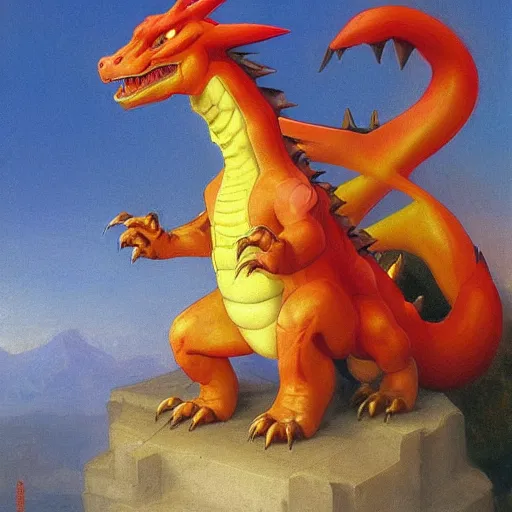 Image similar to Painting of a Charizard as Godzilla. Art by william adolphe bouguereau. During golden hour. Extremely detailed. Beautiful. 4K. Award winning.