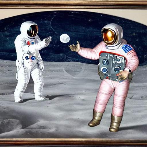 Image similar to Moon landing in the style of a roman portrait painting