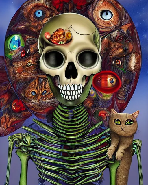 Prompt: a surrealistic head and shoulder painting of a gorgeous female skeleton with cat eyeballs and lipstick and hoodie, in the style of patrick woodroffe, digital art, detailed masterpiece