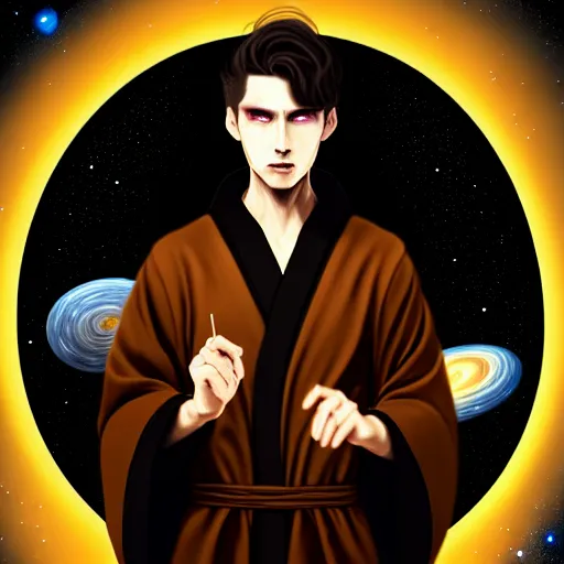 Image similar to a man with with brown hair, wearing a black robe with the tips made of gold, setting in space with a galaxy in the backround, depth of field, on amino, by sakimichan patreon, wlop, weibo high quality art on artstation