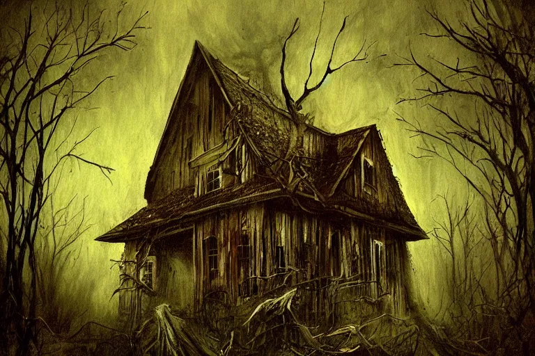 Prompt: mad horror painting of an old wooden house in the woods by ben templesmith