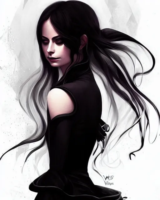 Prompt: style of charlie bowater : : gorgeous willa holland : : evil witch, swirling black magic, black dress : : symmetrical face, symmetrical eyes : : full body pose : : gorgeous black hair : : magic lighting, low spacial lighting : :