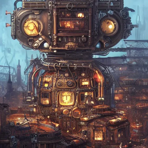 Image similar to robot city, steampunk art, fantasy style, super high detail, super high quality, talented artist, trending on artstation, machinarium