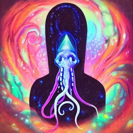 Prompt: Cthlulu!!!!!!!!!!!!!!! Is an influencer on instagram trying to sell his MLM candles, pyramid scheme, Squid-face lovecraftian eldritch profile pic, oil painting, tentacles, glow galaxy background,