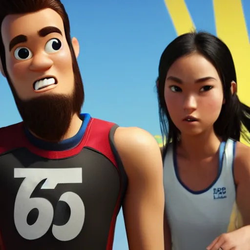 Image similar to young beautiful athletic Filipino woman with long hair standing beside a handsome caucasian athletic thin man with short buzzed hair, high widows peak, stubble on his face, blue eyes, depicted as Pixar characters, high quality cg render